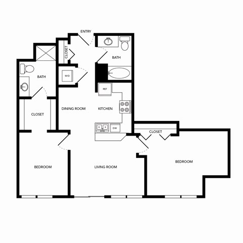 Floor plan for 2 beds, 2 baths, 932 sqft